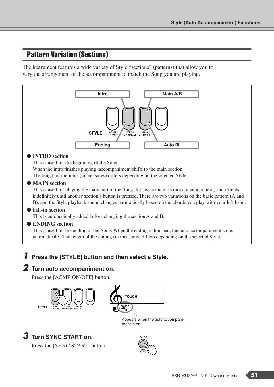 Pattern variation (sections) | Yamaha YPT-310 User Manual | Page 51 / 90