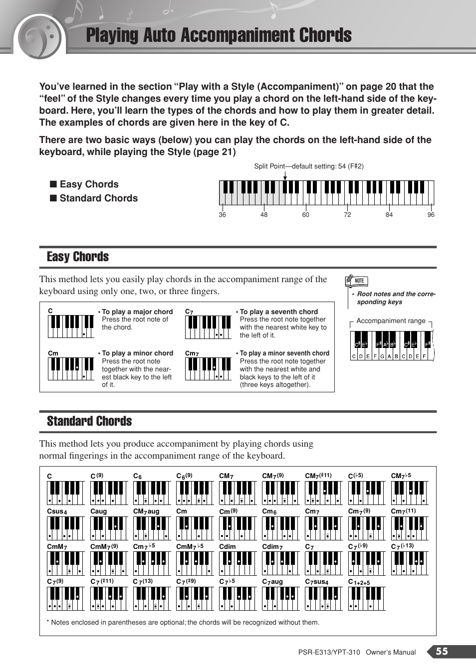 Playing auto accompaniment chords, Easy chords, Standard chords | Easy chords standard chords | Yamaha YPT-310 User Manual | Page 55 / 90