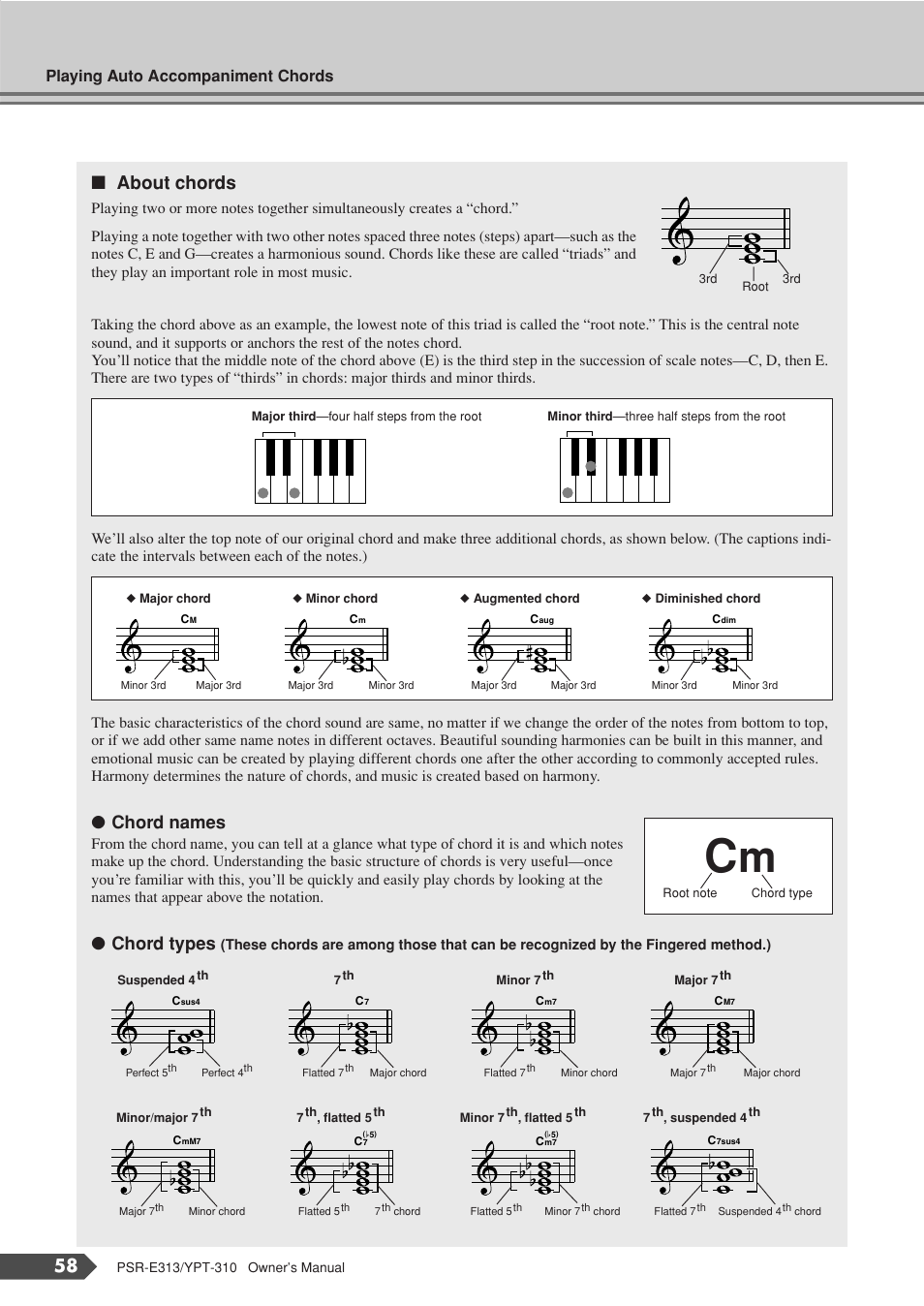 About chords, Chord names, Chord types | Playing auto accompaniment chords | Yamaha YPT-310 User Manual | Page 58 / 90