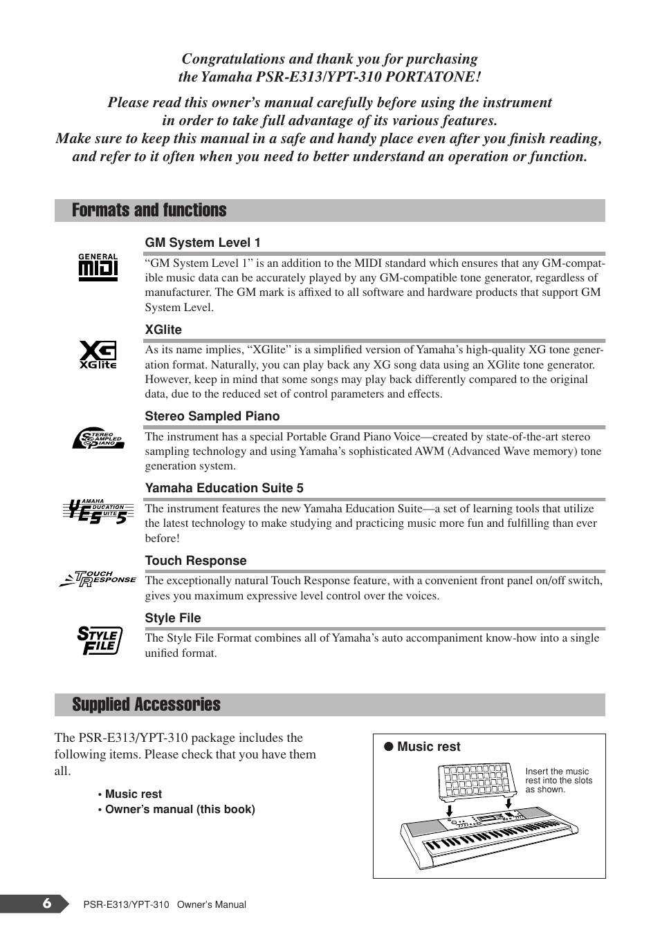 Formats and functions, Supplied accessories, Formats and functions supplied accessories | Yamaha YPT-310 User Manual | Page 6 / 90