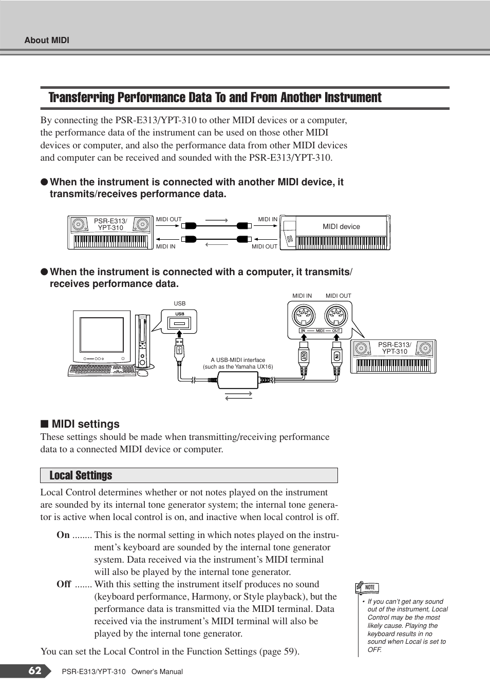 Transferring performance data to and, From another instrument, Local settings | Midi settings | Yamaha YPT-310 User Manual | Page 62 / 90