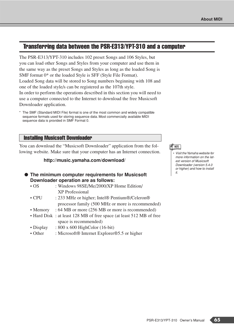Transferring data between, The psr-e313/ypt-310 and a computer, Installing musicsoft downloader | Yamaha YPT-310 User Manual | Page 65 / 90