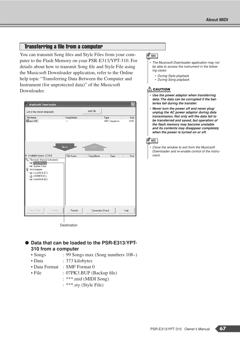 Transferring a file from a computer | Yamaha YPT-310 User Manual | Page 67 / 90