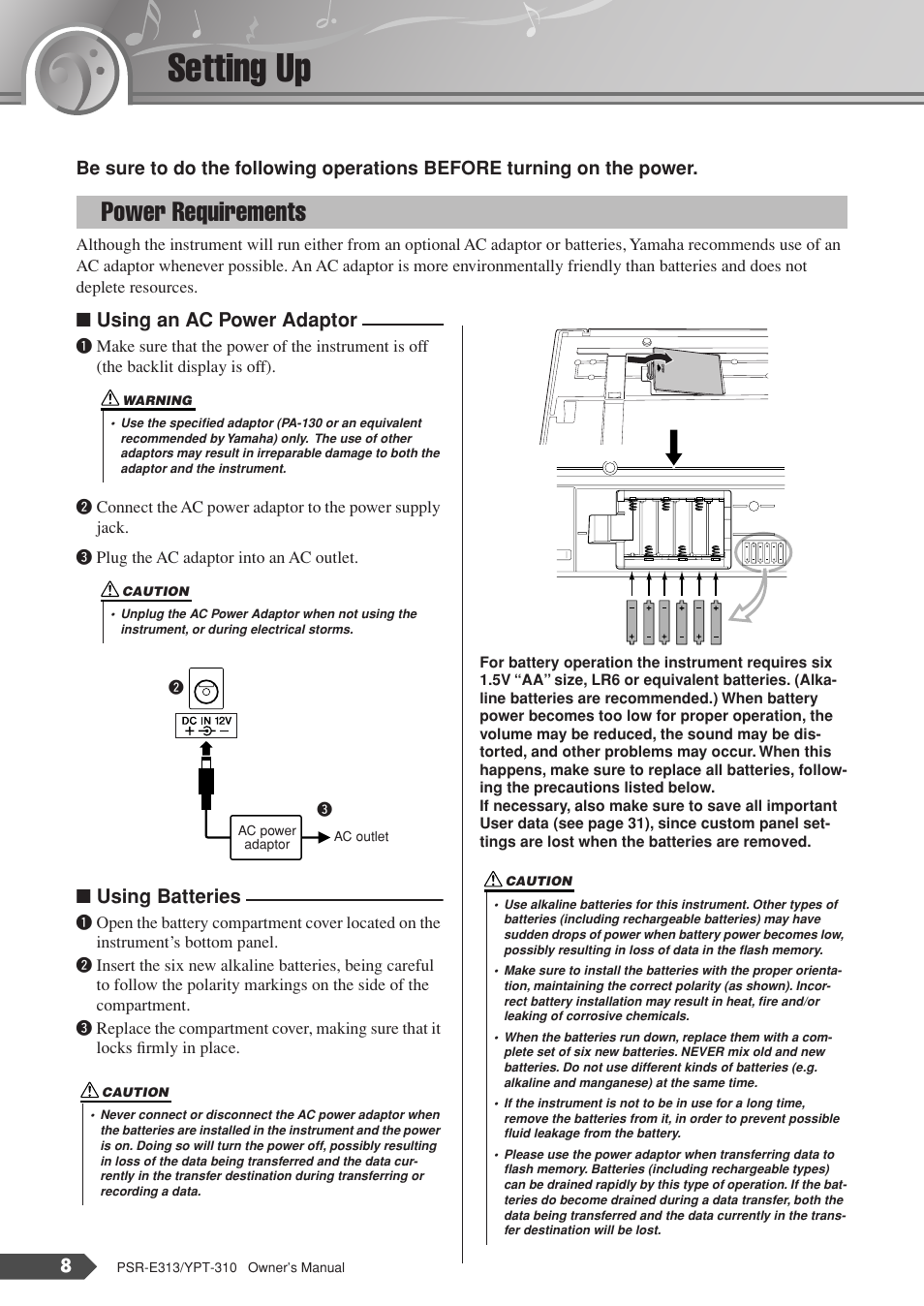 Setting up, Power requirements, Using an ac power adaptor | Using batteries | Yamaha YPT-310 User Manual | Page 8 / 90
