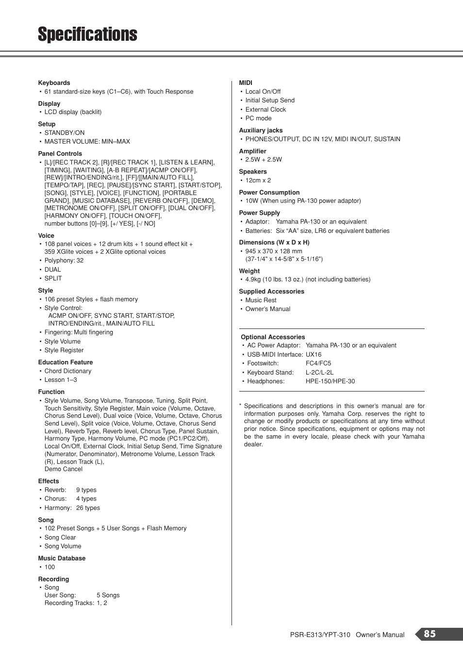 Specifications | Yamaha YPT-310 User Manual | Page 85 / 90