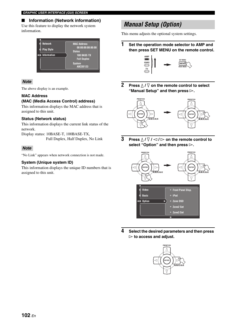 Manual setup (option), Information (network information) | Yamaha RX-V2700 User Manual | Page 104 / 164