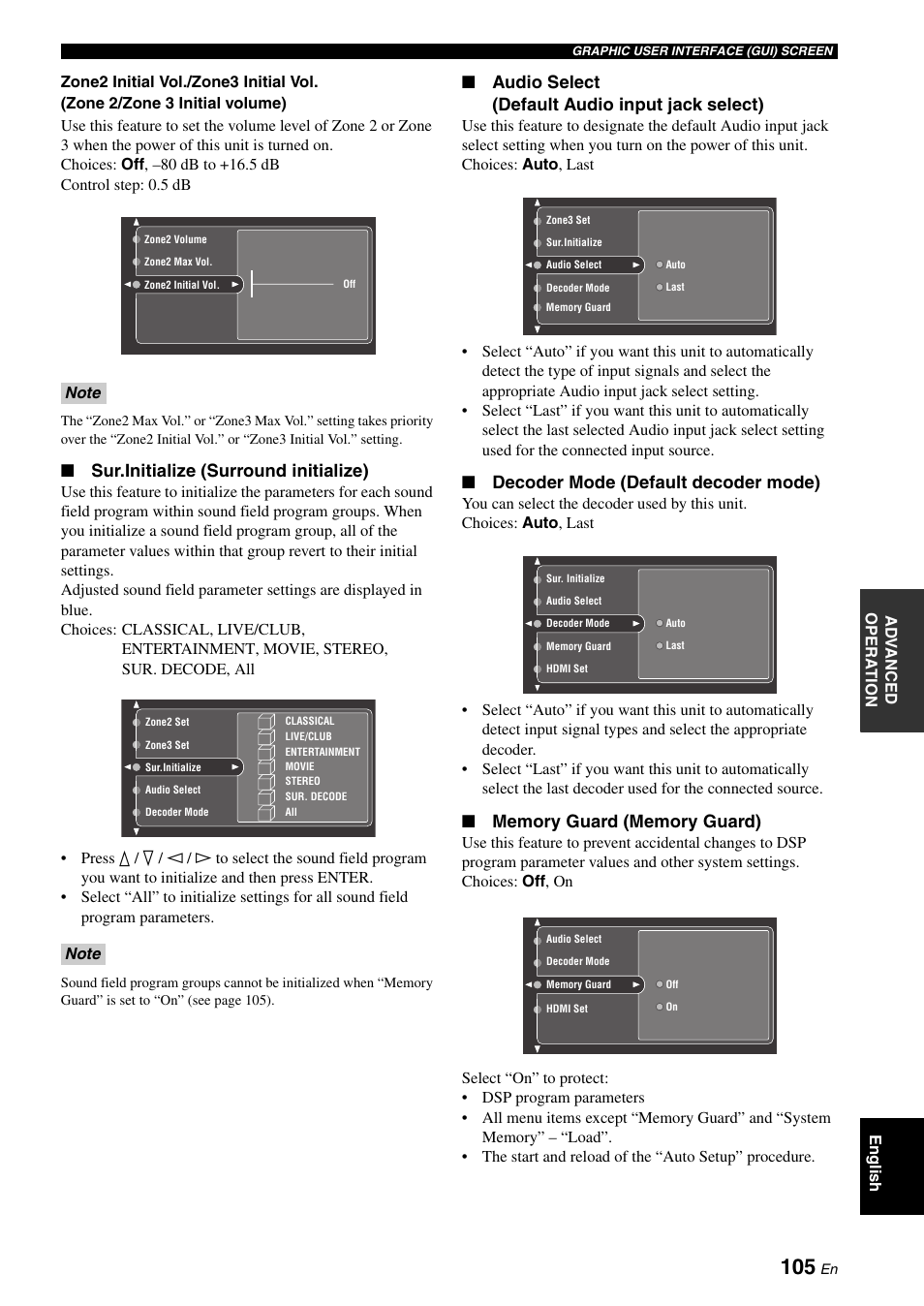 Sur.initialize (surround initialize), Audio select (default audio input jack select), Decoder mode (default decoder mode) | Yamaha RX-V2700 User Manual | Page 107 / 164