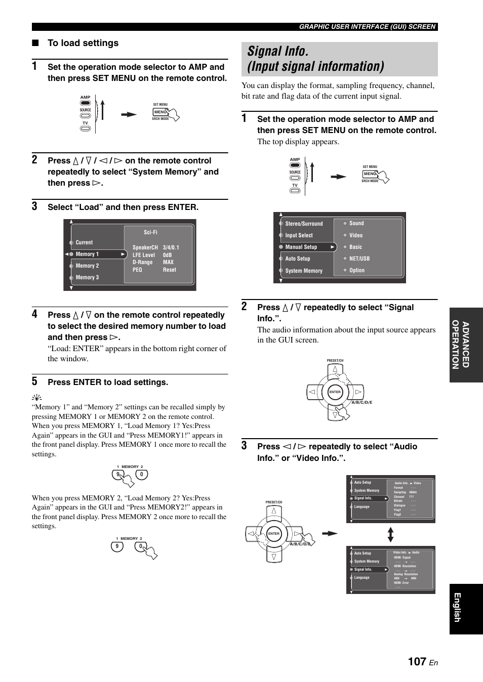 Signal info. (input signal information), English ad v anced opera t ion, Select “load” and then press enter | Press enter to load settings. y | Yamaha RX-V2700 User Manual | Page 109 / 164