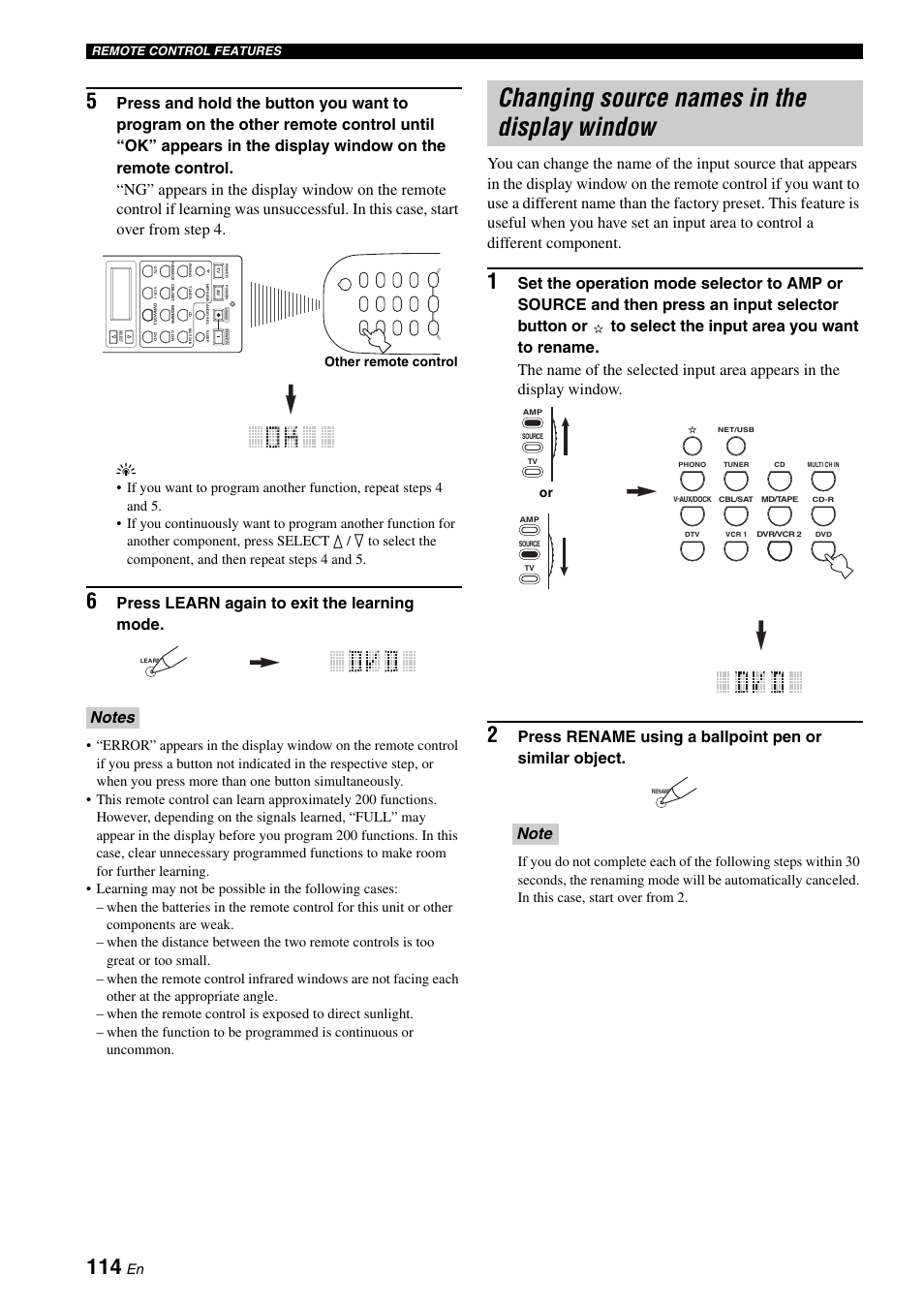 Changing source names in the display window, Press learn again to exit the learning mode, Other remote control | Yamaha RX-V2700 User Manual | Page 116 / 164