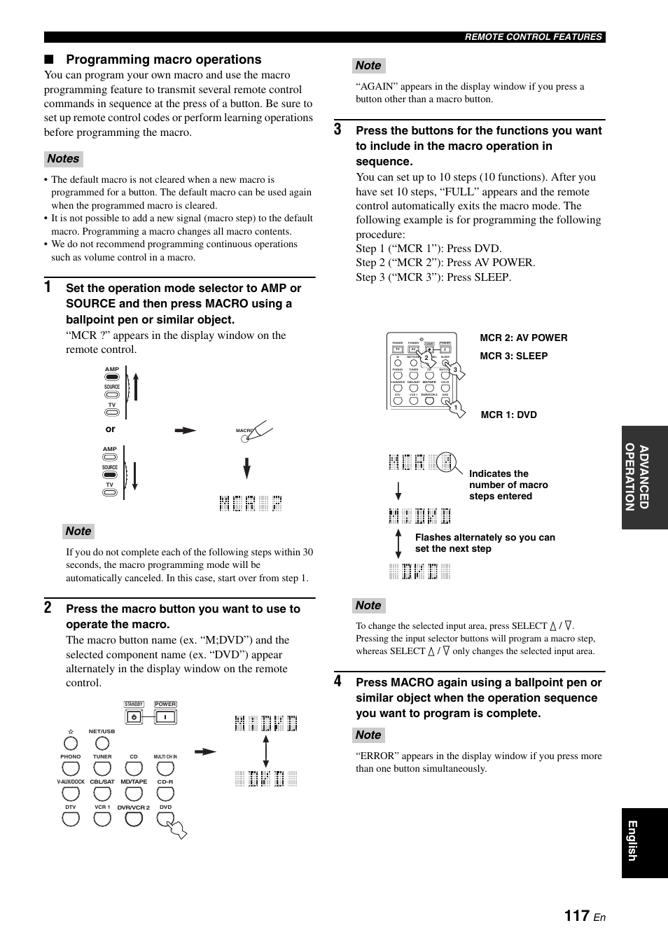 Programming macro operations, English ad v anced opera t ion | Yamaha RX-V2700 User Manual | Page 119 / 164