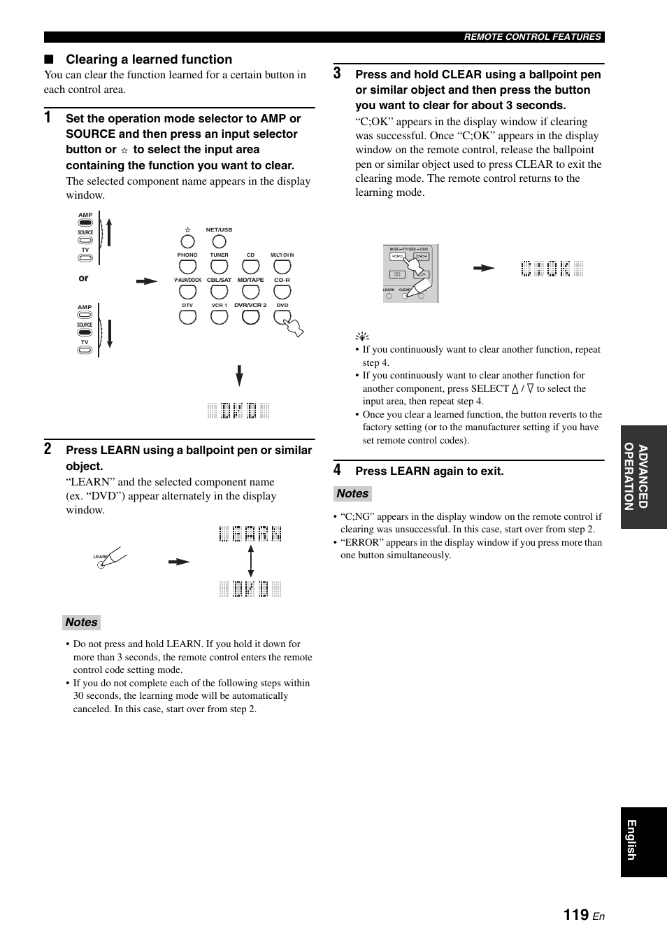 Clearing a learned function, English ad v anced opera t ion, Press learn again to exit | Yamaha RX-V2700 User Manual | Page 121 / 164