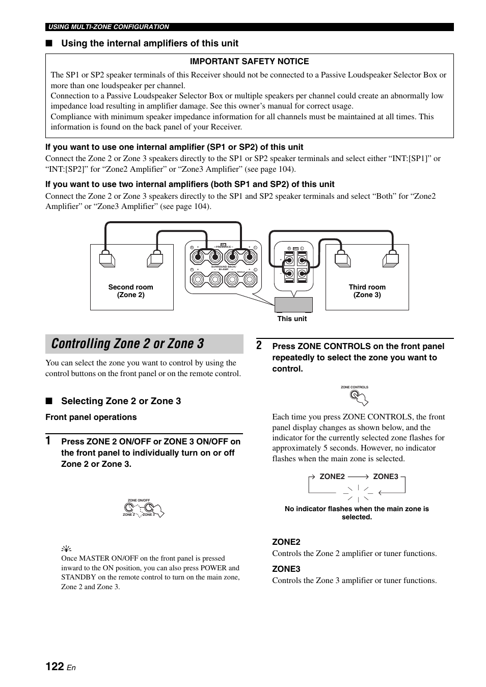 Controlling zone 2 or zone 3, Using the internal amplifiers of this unit, Selecting zone 2 or zone 3 | Front panel operations | Yamaha RX-V2700 User Manual | Page 124 / 164