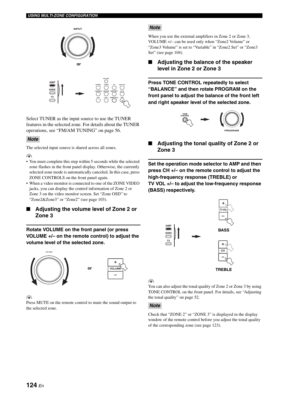 Adjusting the volume level of zone 2 or zone 3, Adjusting the tonal quality of zone 2 or zone 3 | Yamaha RX-V2700 User Manual | Page 126 / 164