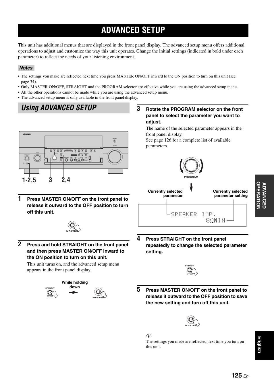 Advanced setup, Using advanced setup, M i n | Imp. speaker | Yamaha RX-V2700 User Manual | Page 127 / 164