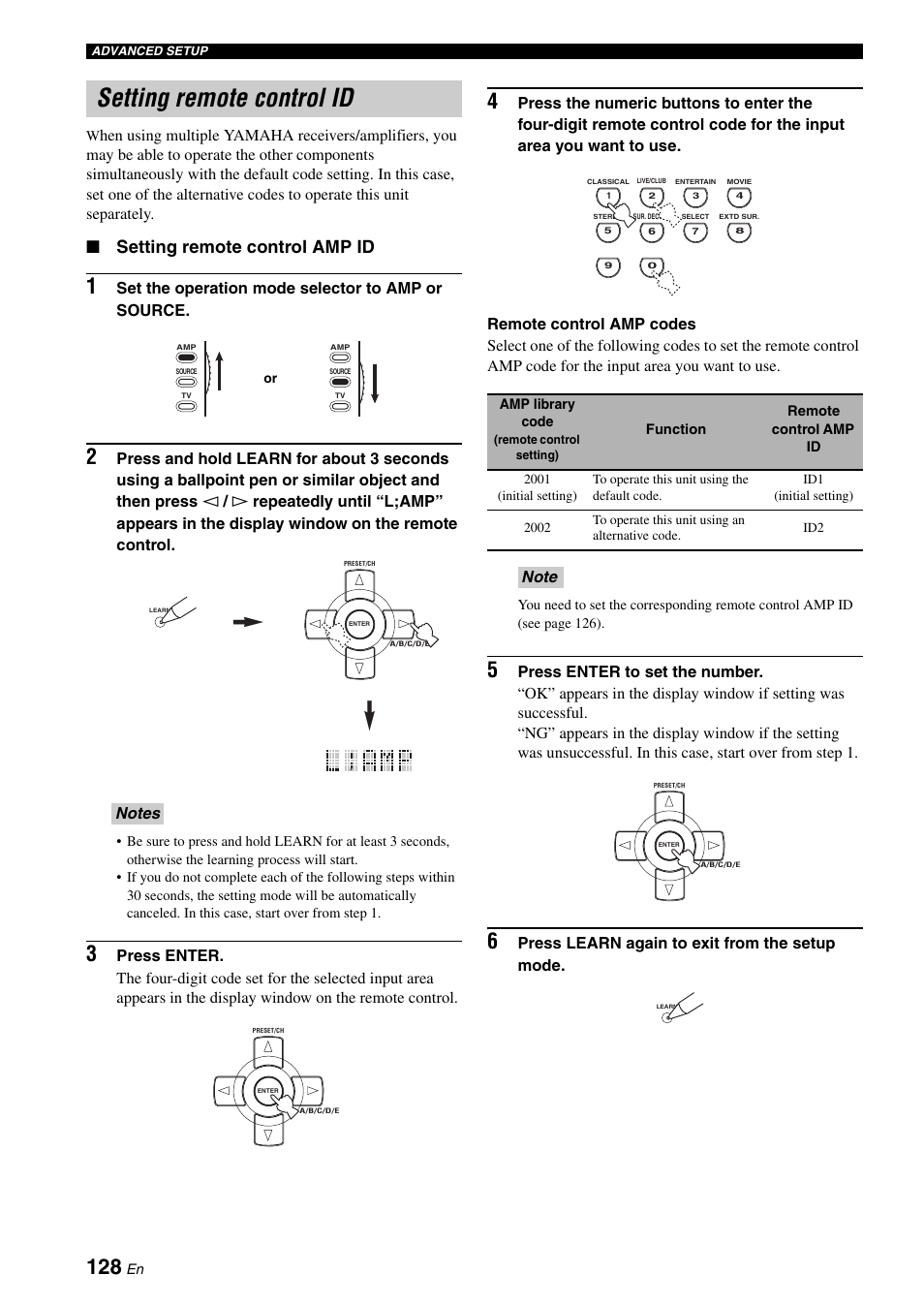 Setting remote control id, Setting remote control amp id, Set the operation mode selector to amp or source | Press learn again to exit from the setup mode | Yamaha RX-V2700 User Manual | Page 130 / 164