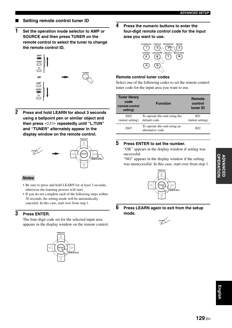 Setting remote control tuner id, English ad v anced opera t ion | Yamaha RX-V2700 User Manual | Page 131 / 164