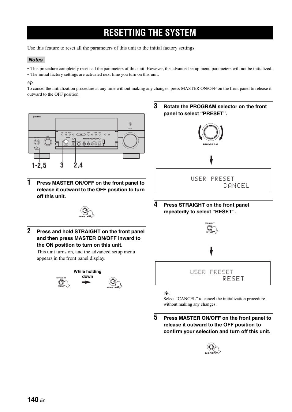 Resetting the system, Cancel, Reset | User preset | Yamaha RX-V2700 User Manual | Page 142 / 164