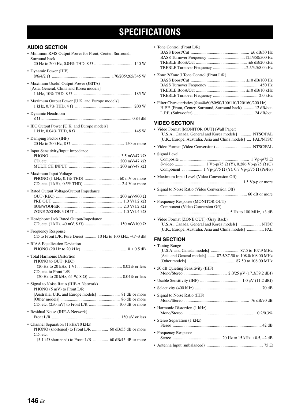 Specifications | Yamaha RX-V2700 User Manual | Page 148 / 164