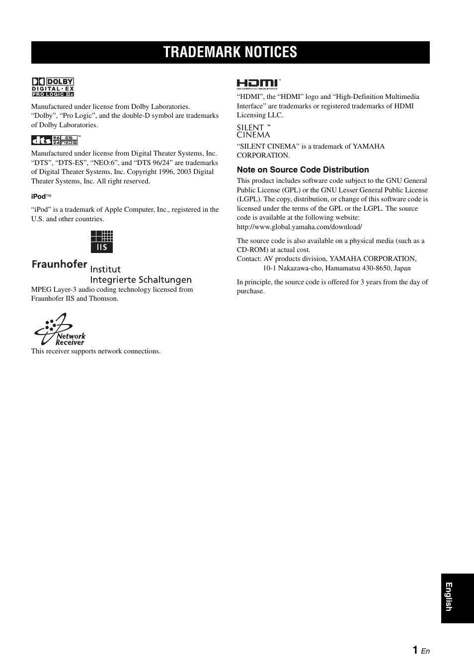 Trademark notices | Yamaha RX-V2700 User Manual | Page 3 / 164