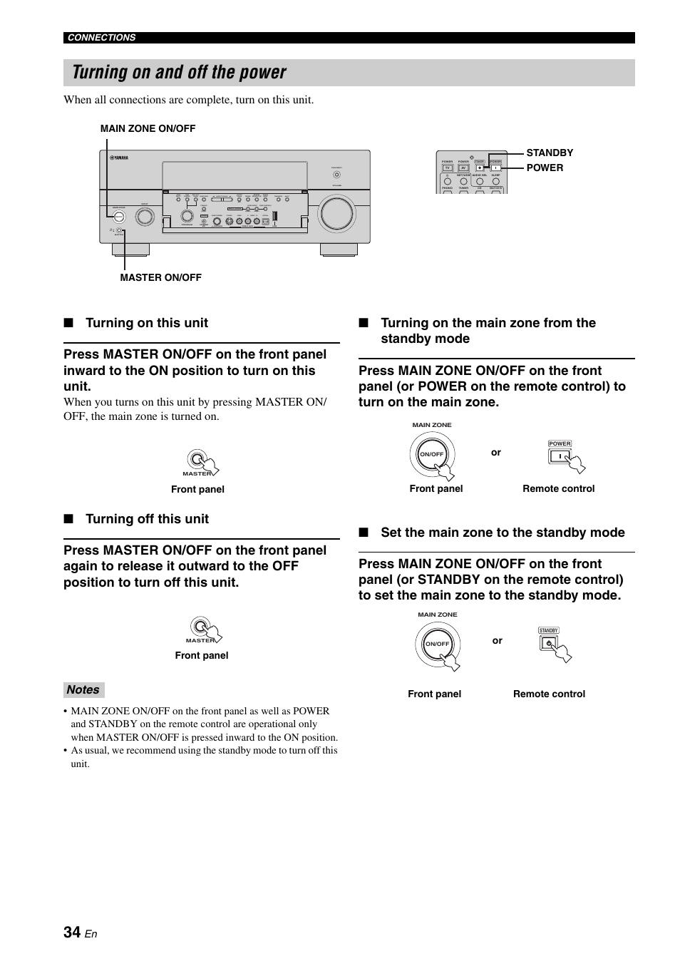 Turning on and off the power | Yamaha RX-V2700 User Manual | Page 36 / 164