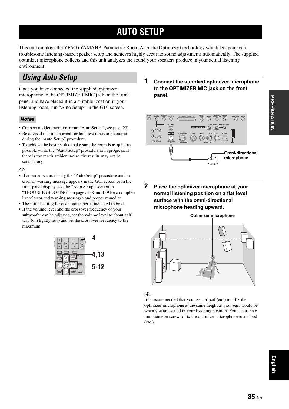 Auto setup, Using auto setup, Omni-directional microphone optimizer microphone | Yamaha RX-V2700 User Manual | Page 37 / 164