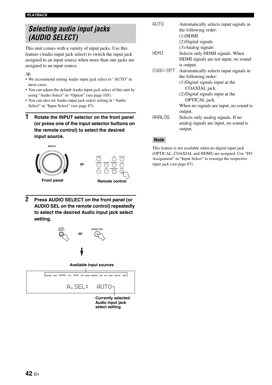 Selecting audio input jacks (audio select), A.sel: auto | Yamaha RX-V2700 User Manual | Page 44 / 164
