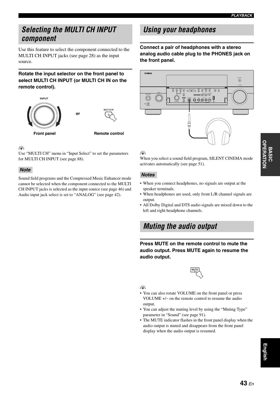 Selecting the multi ch input component, Using your headphones, Muting the audio output | Yamaha RX-V2700 User Manual | Page 45 / 164