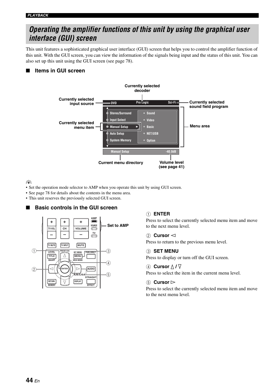 Items in gui screen, Basic controls in the gui screen | Yamaha RX-V2700 User Manual | Page 46 / 164