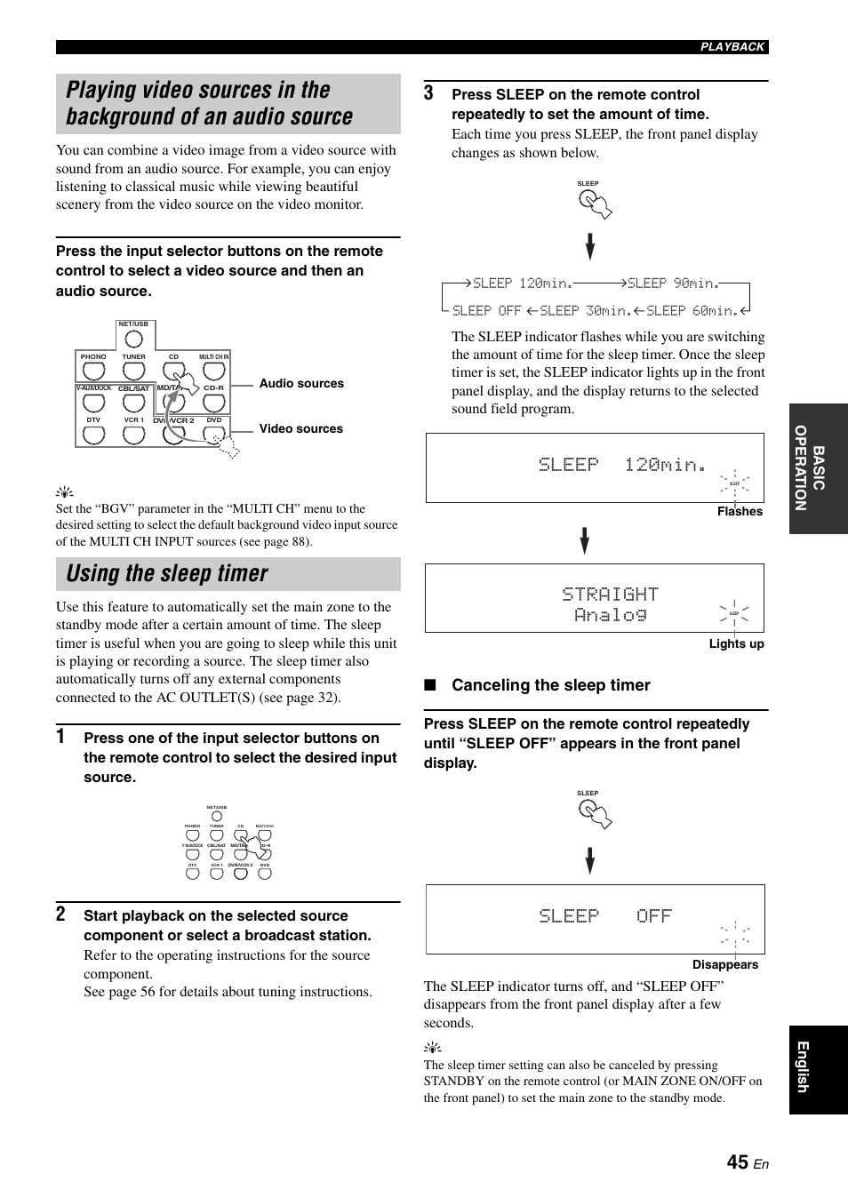 Using the sleep timer, Sleep 120min, Straight analog | Sleep off, Canceling the sleep timer | Yamaha RX-V2700 User Manual | Page 47 / 164