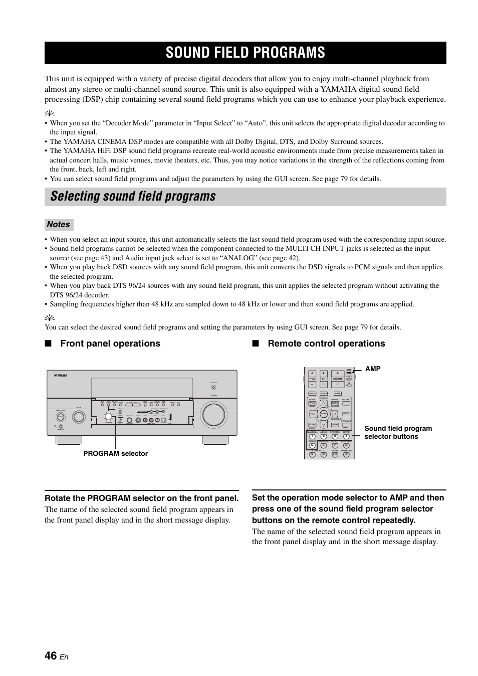 Sound field programs, Selecting sound field programs, Front panel operations | Remote control operations, Fm/am preset/ tuning, Zone 3 r l optical, Zone 2 audio, Silent cinema s video video, Program selector, Amp sound field program selector buttons | Yamaha RX-V2700 User Manual | Page 48 / 164