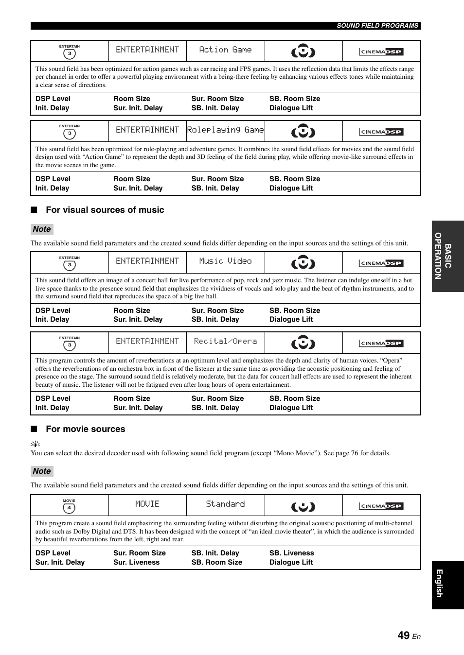 For visual sources of music, For movie sources | Yamaha RX-V2700 User Manual | Page 51 / 164