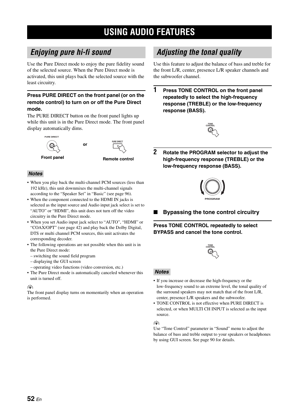 Using audio features, Enjoying pure hi-fi sound, Adjusting the tonal quality | Ct (see | Yamaha RX-V2700 User Manual | Page 54 / 164