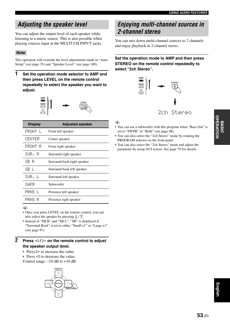 Adjusting the speaker level, Enjoying multi-channel sources in 2-channel stereo, 2ch stereo | Yamaha RX-V2700 User Manual | Page 55 / 164