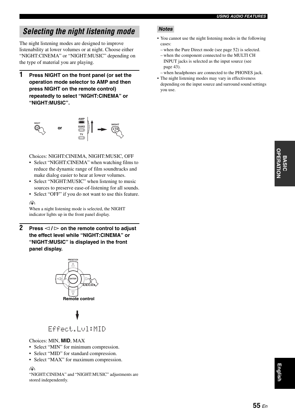 Selecting the night listening mode, Effect.lvl:mid | Yamaha RX-V2700 User Manual | Page 57 / 164