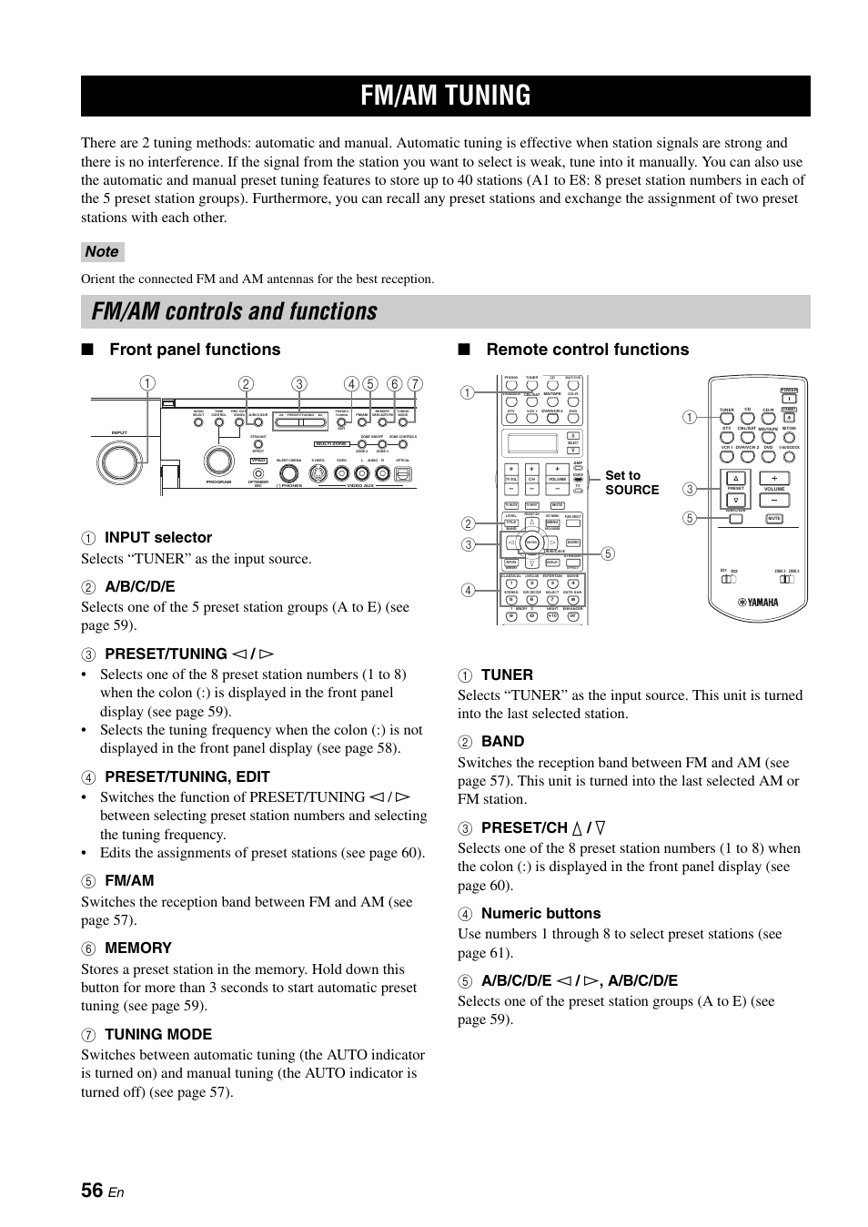 Fm/am tuning, Fm/am controls and functions, Front panel functions | Remote control functions, Set to source | Yamaha RX-V2700 User Manual | Page 58 / 164