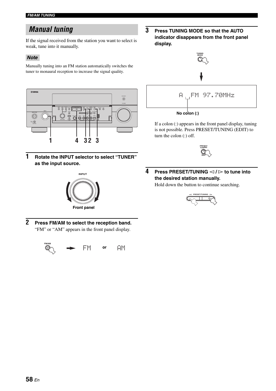 Manual tuning, Fm am, Afm 97.70mhz | Yamaha RX-V2700 User Manual | Page 60 / 164