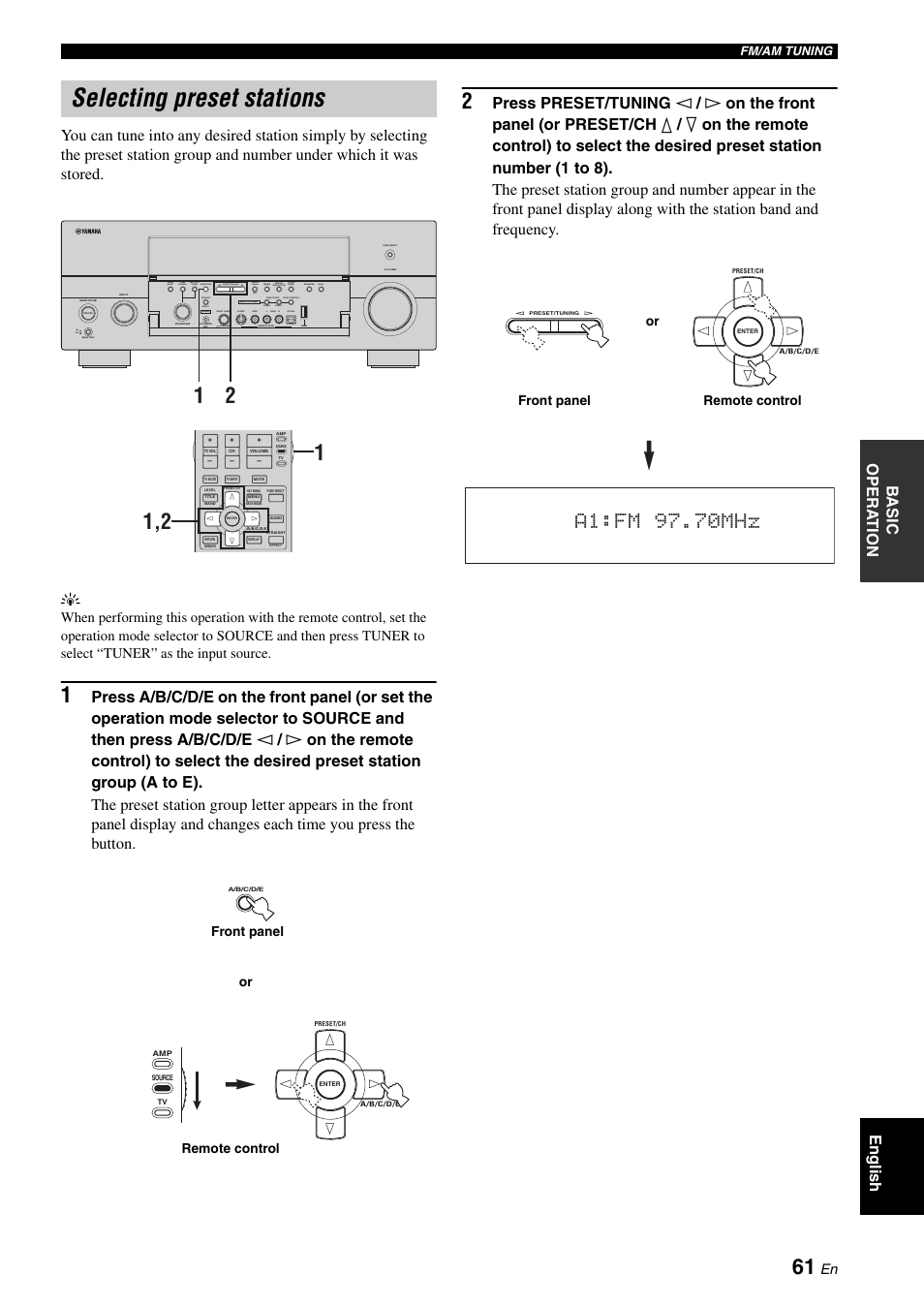 Selecting preset stations, Preset/ tuning, Zone 3 r l optical | Zone 2 audio, Silent cinema s video video | Yamaha RX-V2700 User Manual | Page 63 / 164