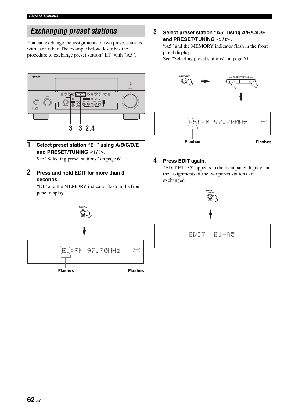 Exchanging preset stations, Edit e1-a5 | Yamaha RX-V2700 User Manual | Page 64 / 164