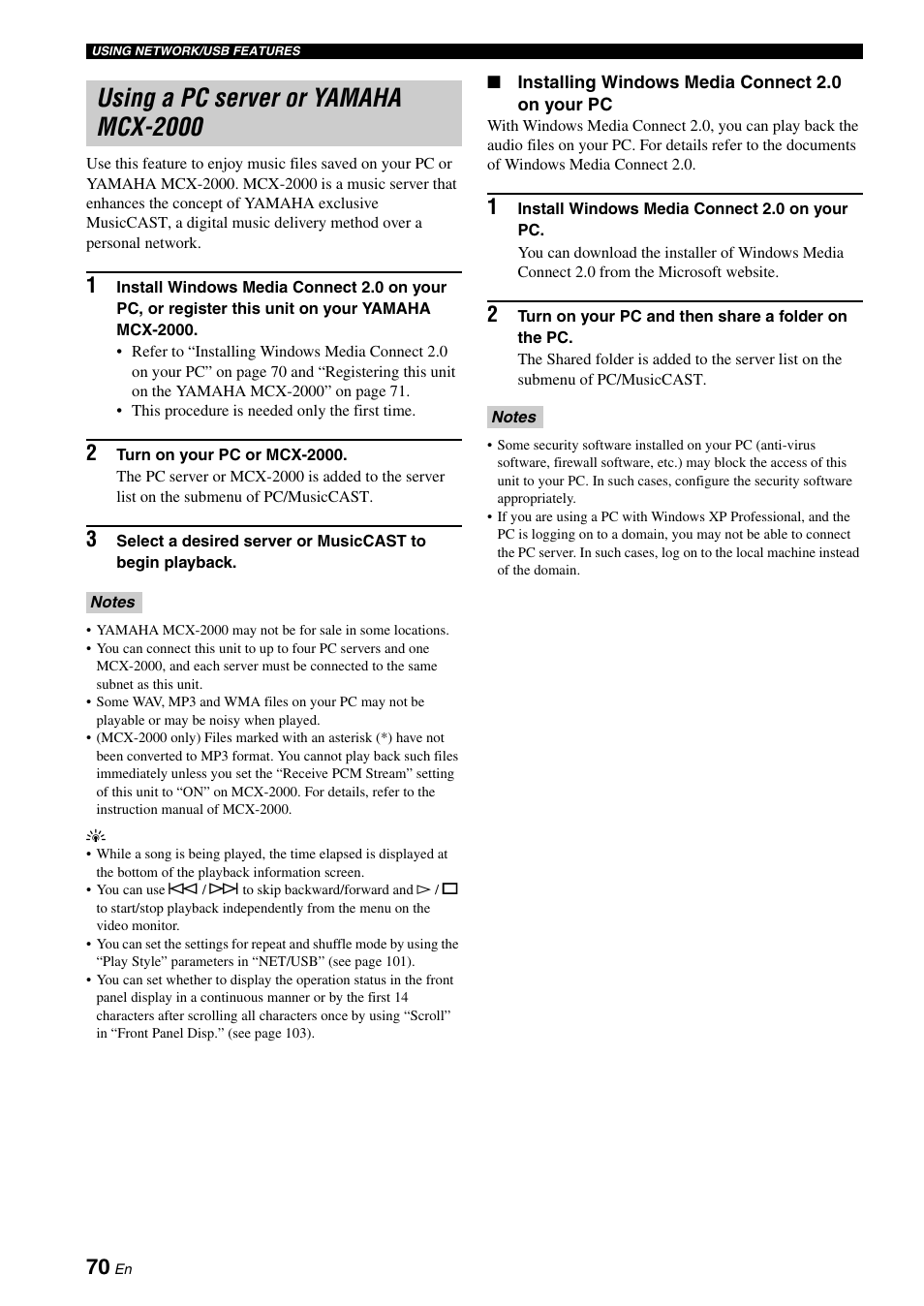 Using a pc server or yamaha mcx-2000 | Yamaha RX-V2700 User Manual | Page 72 / 164