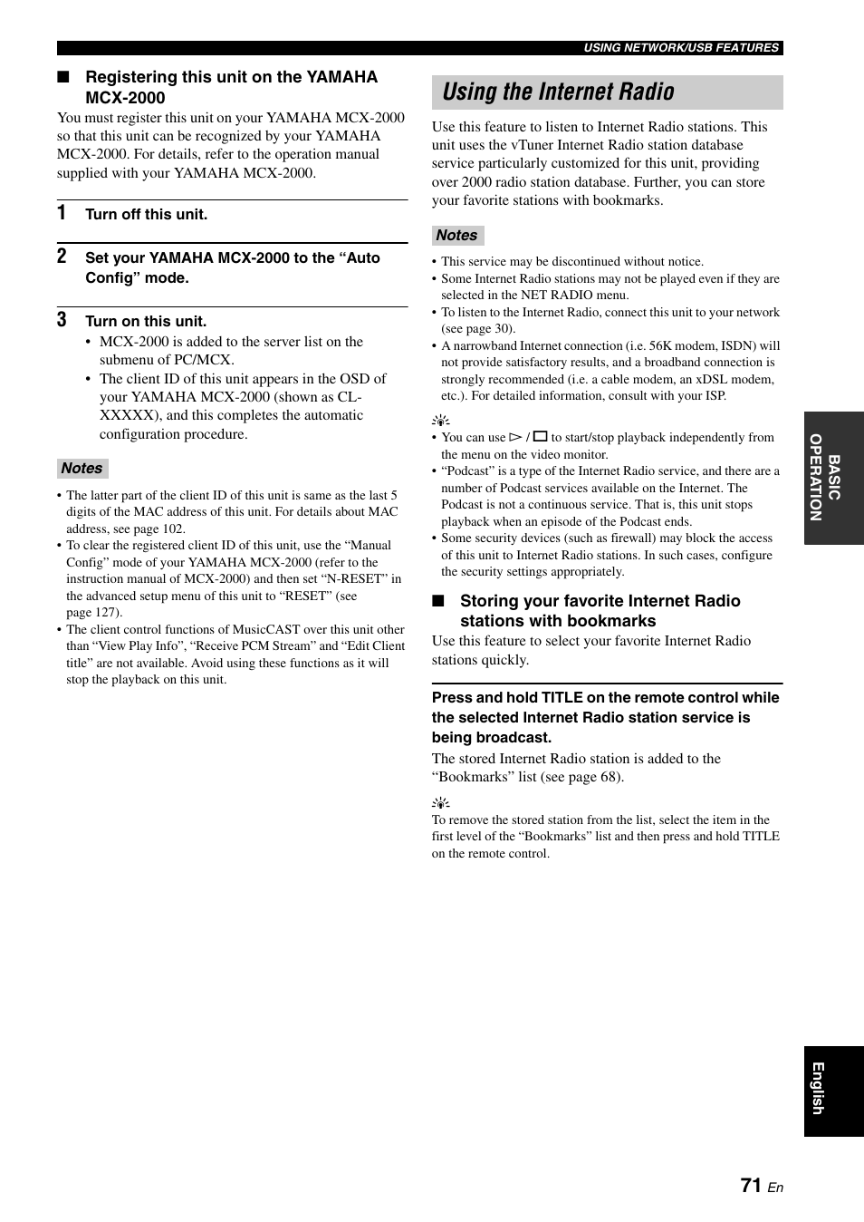 Using the internet radio, 71 for | Yamaha RX-V2700 User Manual | Page 73 / 164