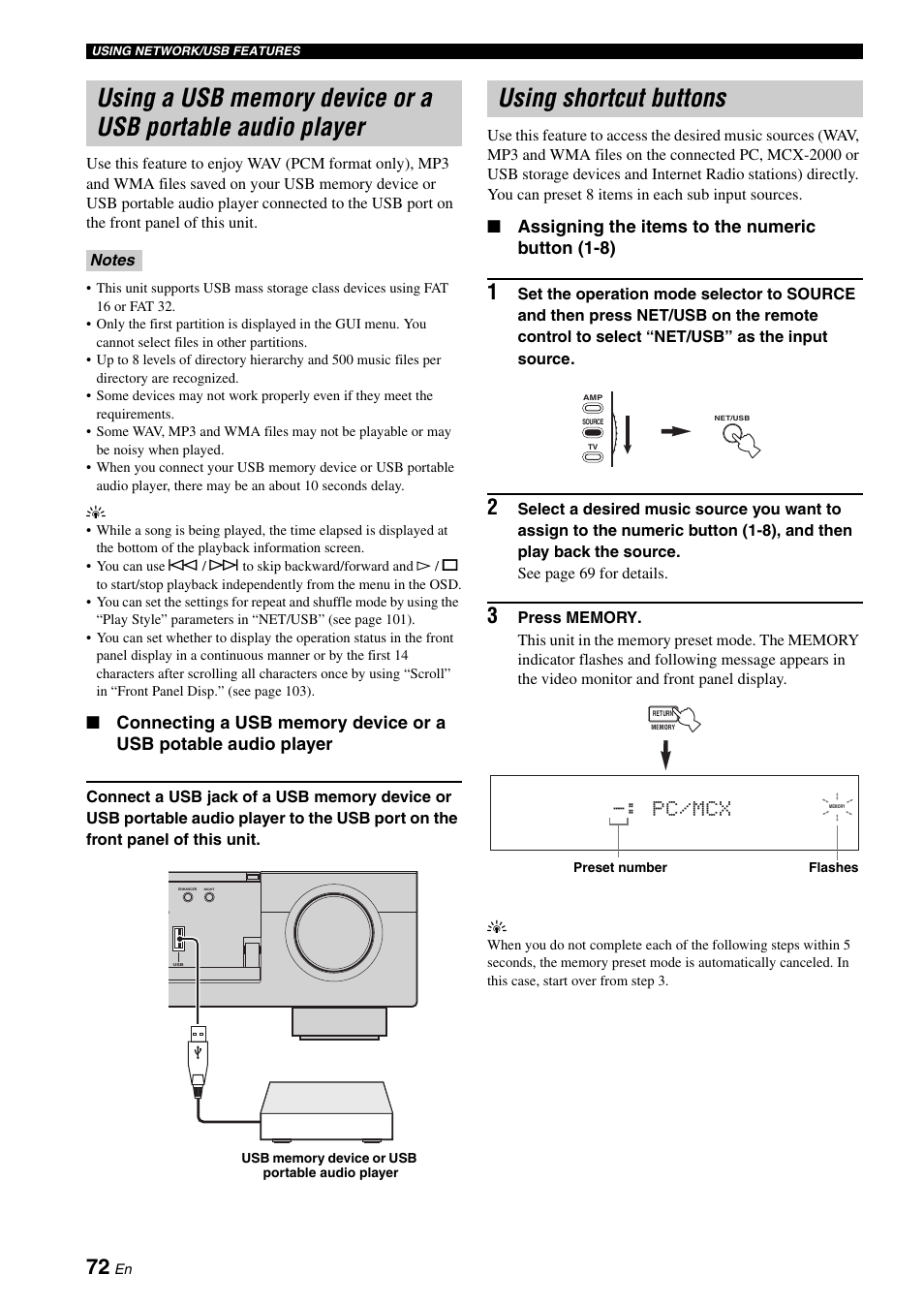 Using shortcut buttons, Pc/mcx, Assigning the items to the numeric button (1-8) | Yamaha RX-V2700 User Manual | Page 74 / 164