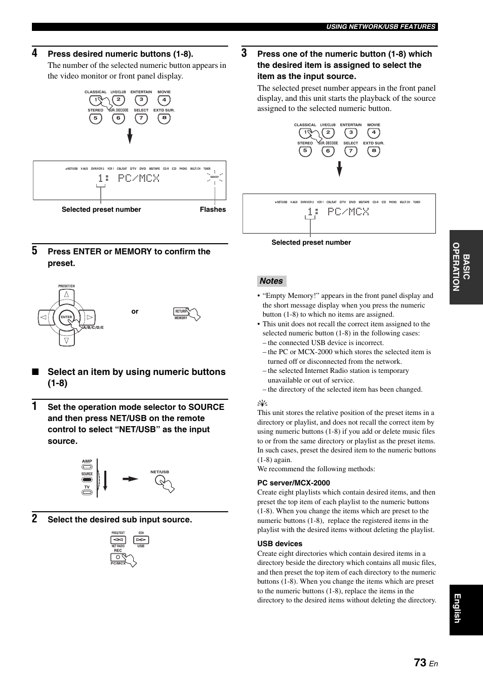 Pc/mcx, Select an item by using numeric buttons (1-8), English ba s ic opera t ion | Select the desired sub input source | Yamaha RX-V2700 User Manual | Page 75 / 164