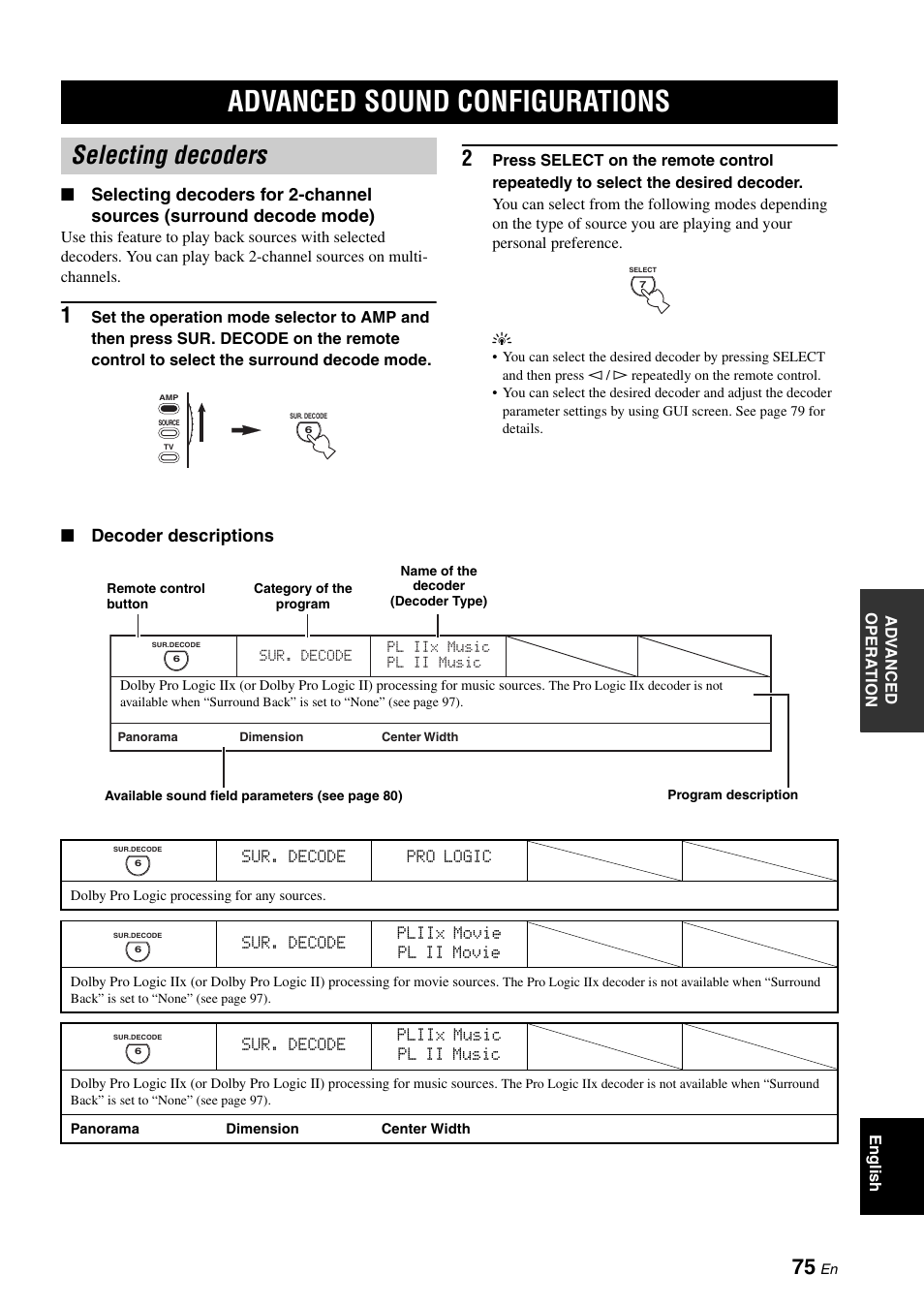 Advanced sound configurations, Selecting decoders, Decoder descriptions | Yamaha RX-V2700 User Manual | Page 77 / 164