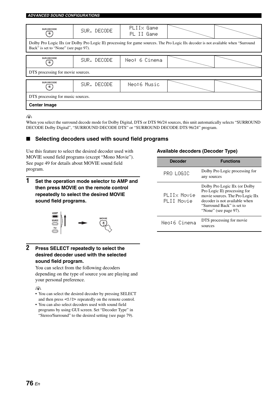 Selecting decoders used with sound field programs | Yamaha RX-V2700 User Manual | Page 78 / 164