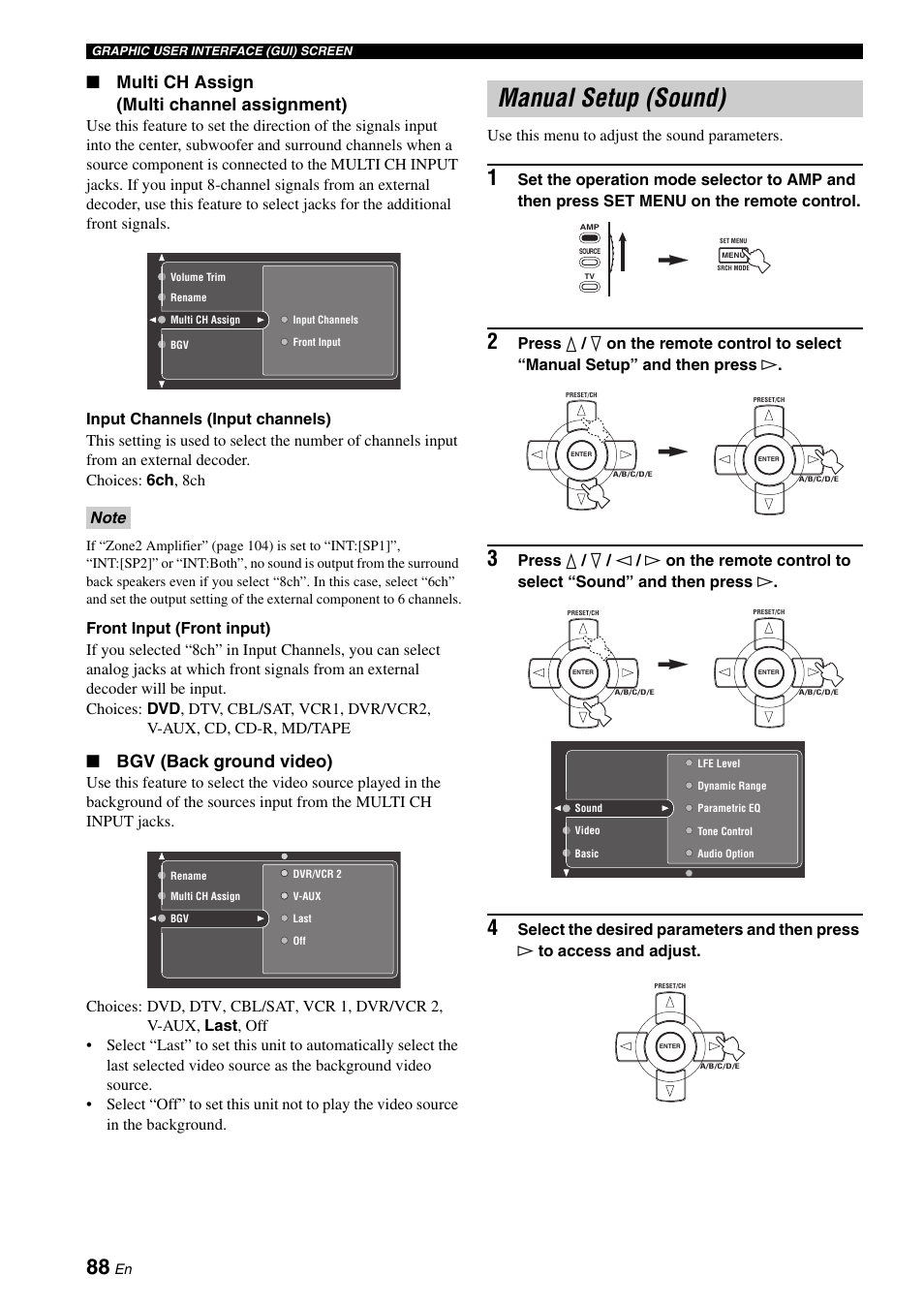 Manual setup (sound), Multi ch assign (multi channel assignment), Bgv (back ground video) | Yamaha RX-V2700 User Manual | Page 90 / 164