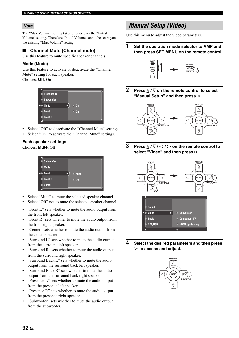 Manual setup (video), Channel mute (channel mute) | Yamaha RX-V2700 User Manual | Page 94 / 164