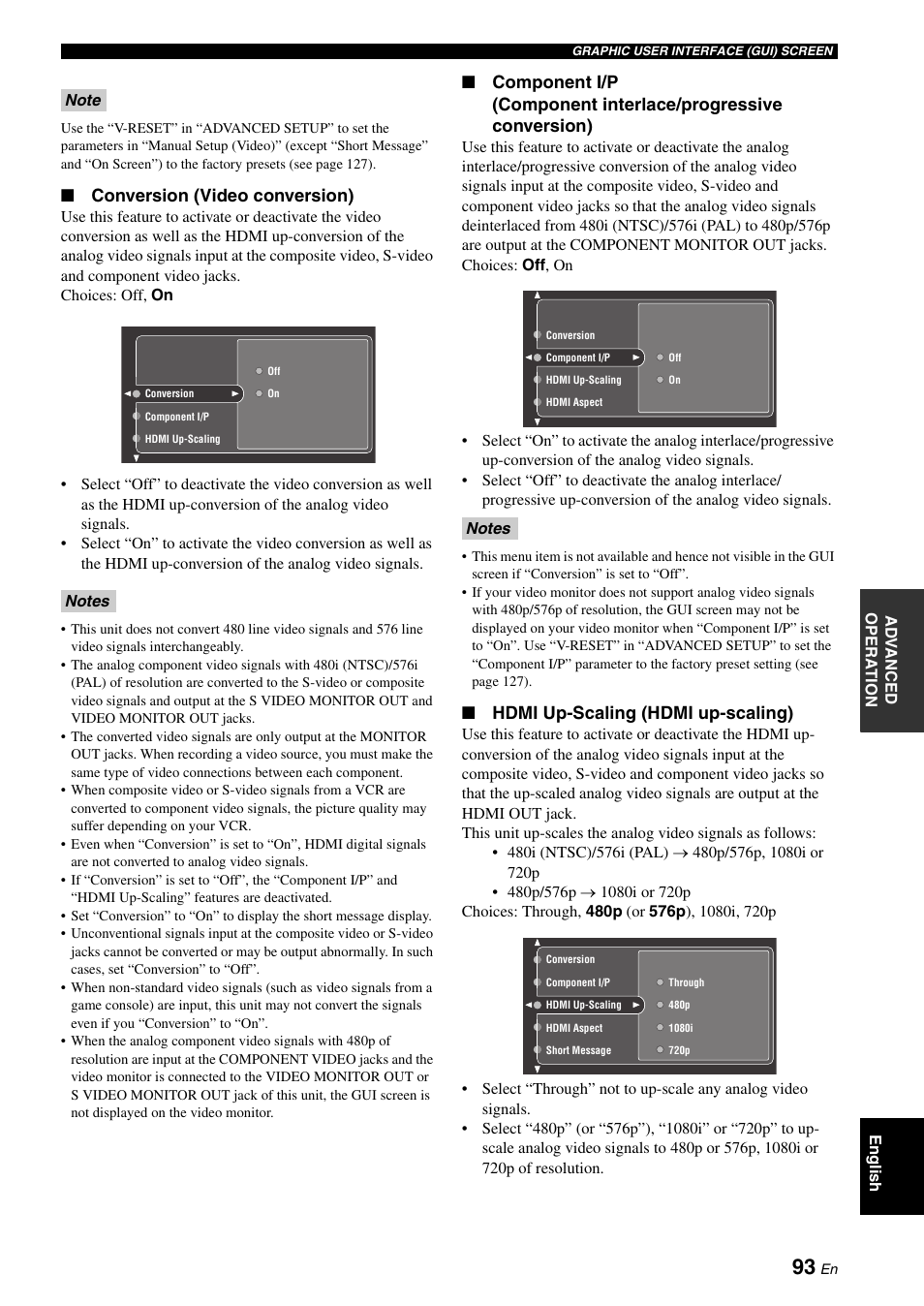 Conversion (video conversion), Hdmi up-scaling (hdmi up-scaling) | Yamaha RX-V2700 User Manual | Page 95 / 164