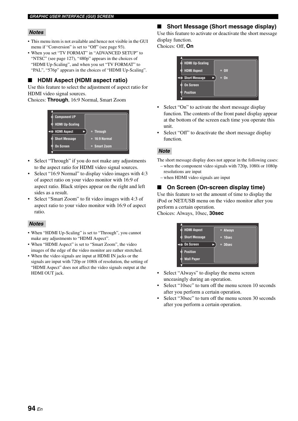 Hdmi aspect (hdmi aspect ratio), Short message (short message display), On screen (on-screen display time) | Yamaha RX-V2700 User Manual | Page 96 / 164