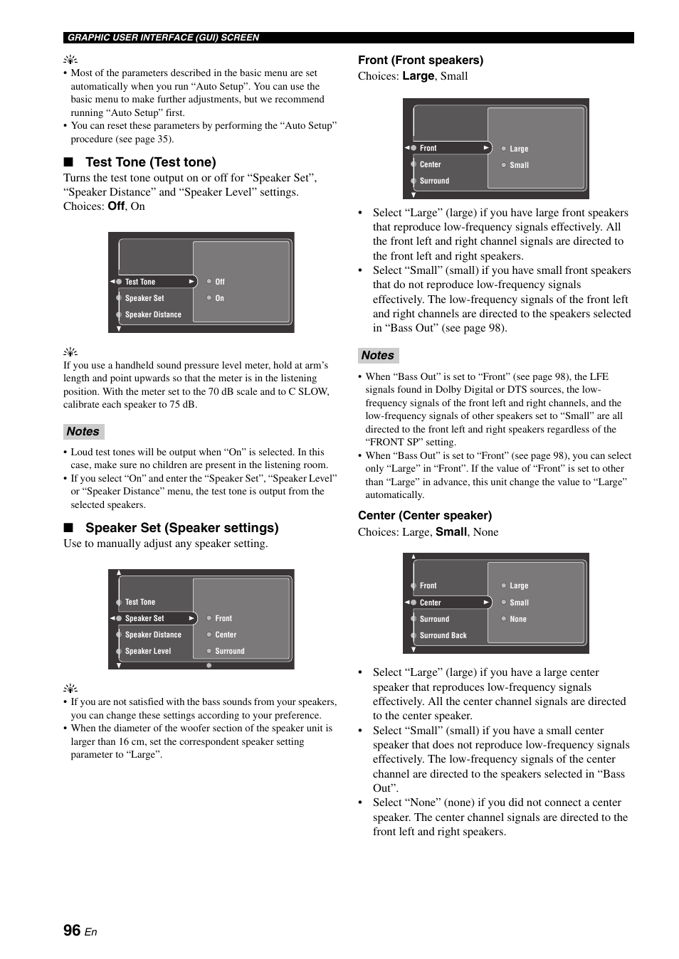 Test tone (test tone), Speaker set (speaker settings) | Yamaha RX-V2700 User Manual | Page 98 / 164