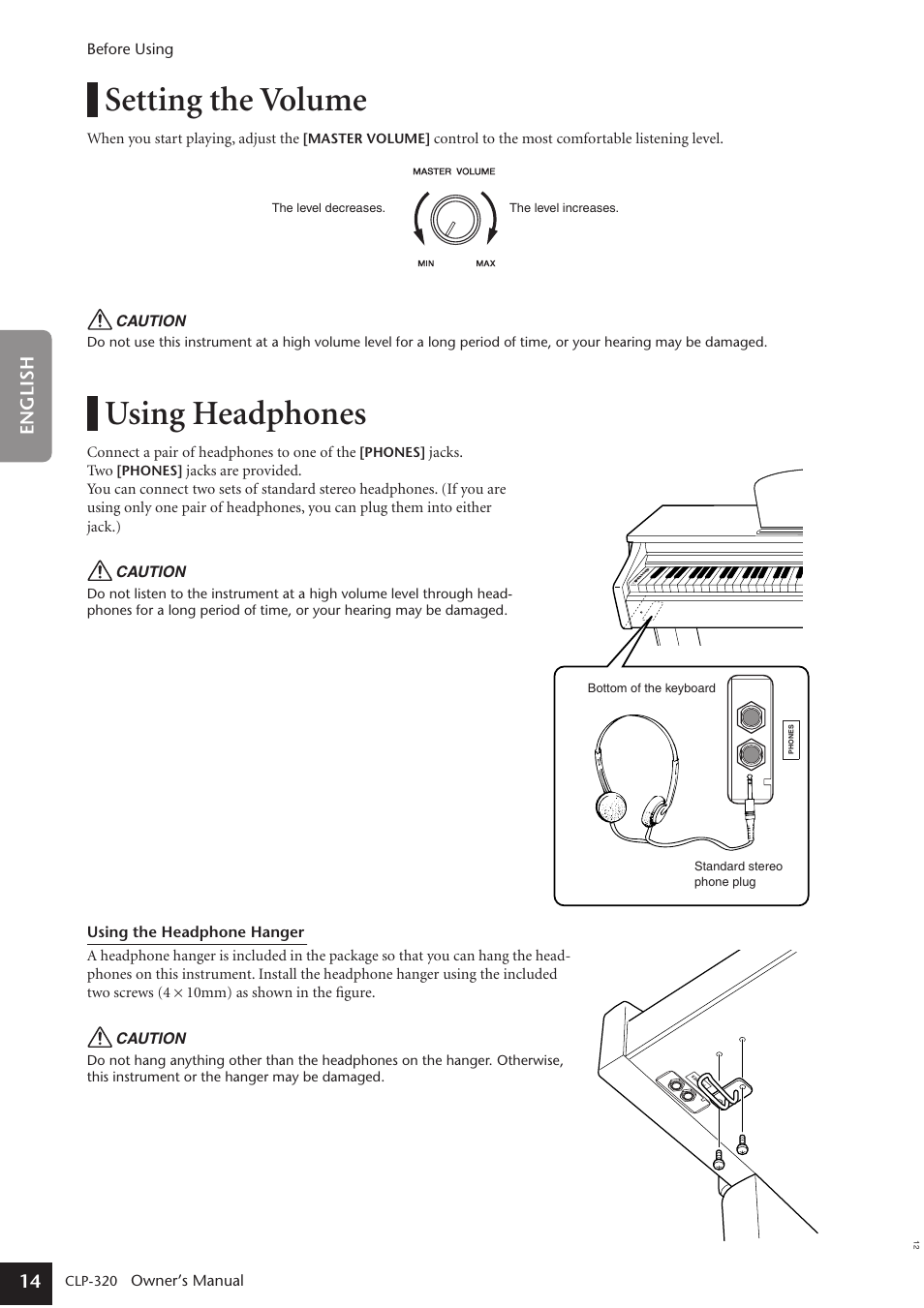 Setting the volume, Using headphones, 14 english | Yamaha Clavinova CLP-320 User Manual | Page 14 / 44